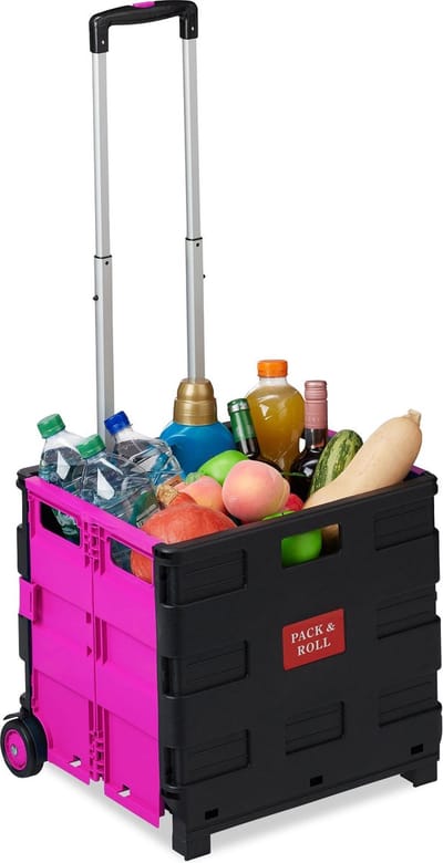 boodschappentrolley - inklapbaar - tot 35 kg - kunststof krat - telescopisch handvat - 2 wieltjes - roze