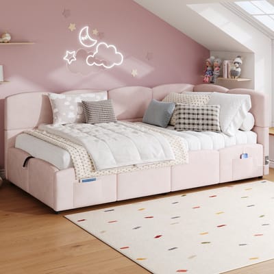 Sweiko Kinderbed - 90x200 cm - Opbergruimte - Slaapbank - USB-poort - Velvet - Roze