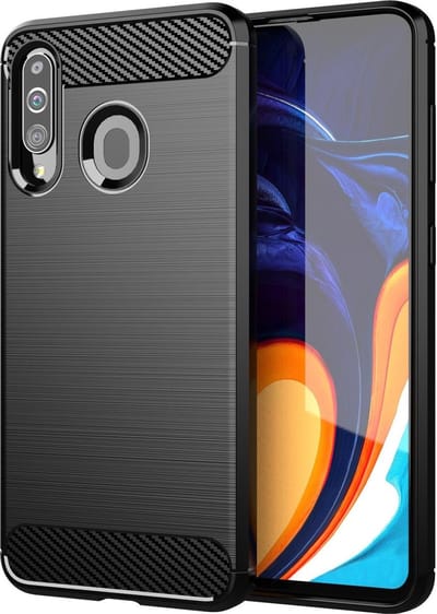 Cadorabo Hoesje geschikt voor Samsung Galaxy A20s in Brushed Zwart - Beschermhoes van flexibel TPU siliconen in roestvrij staal-carbonvezel look Case Cover