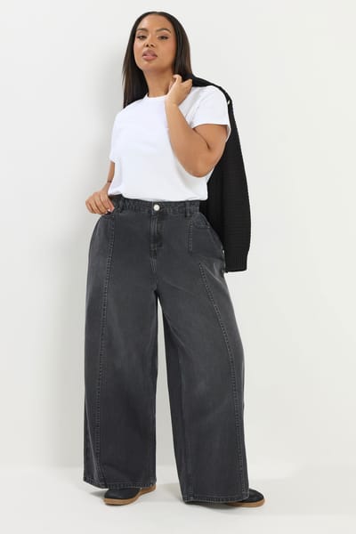 Yours Zwarte Jeans Met Naaddetail Aan De Voorkant En Wijde Pijpen Size 42