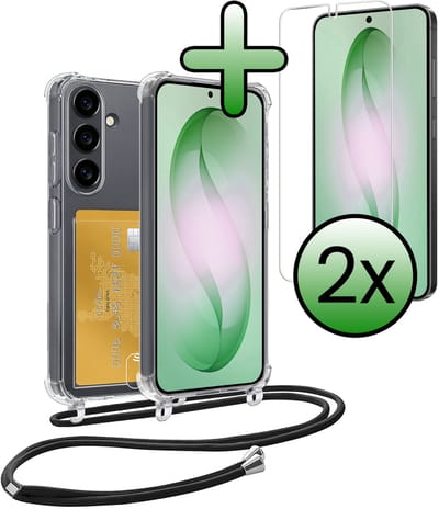 Hoes Geschikt voor Samsung S26 Hoesje Pas Houder Shock Proof Case Hoes Met Koord Met 2x Screenprotector - Hoesje Geschikt voor Samsung Galaxy S26 Hoes Met Telefoonkoord Pasjeshouder Cover - Transparant
