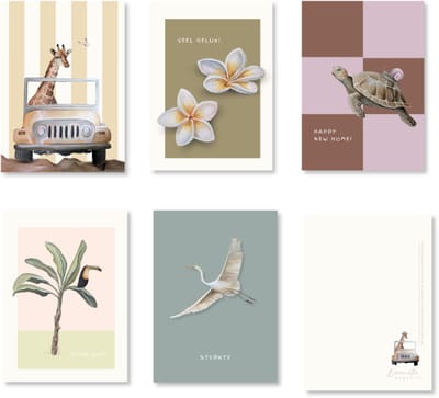 Decoratieparadijs - 5x geïllustreerde wenskaarten (A6 formaat) – zachte illustraties – kaartenset – om te versturen of in te lijsten – enkele kaart – duurzaam papier