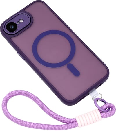 Casemania Hoesje + Koord Geschikt voor Apple iPhone 16e - Paars - Matte Armor Back Cover Geschikt voor MagSafe - Telefoonhoesje met Pols Bandje