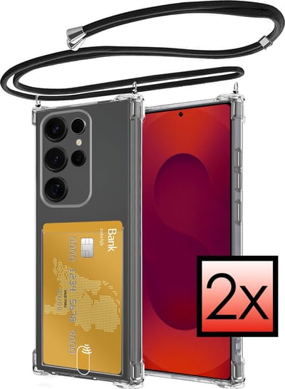Hoes Geschikt voor Samsung Galaxy S25 Ultra Hoesje Pasjeshouder Cover Met Koord Shock Proof Case Siliconen Hoes Met Telefoonkoord en Kaarthouder - Transparant - 2 PACK
