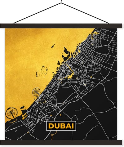 Posterhanger incl. Poster 60x60 cm - Schoolplaat - Dubai - Goud - Stadskaart - Plattegrond - Kaart - Textielposter - Zwarte latten - Stadskaart