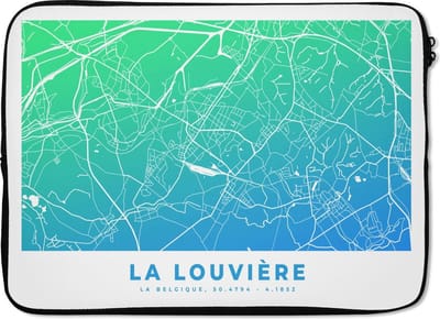 Laptophoes 14 inch - Stadskaart - België - La Louvière - Blauw - Laptop sleeve - Binnenmaat 33x23 cm - Zwarte achterkant