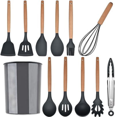 MODFU – Silicone Keukengerei Set met Houten Handvatten – 12-delig – Hittebestendig & Krasvrij – Dagelijks koken en bakken – BPA-vrij – Inclusief Opberghouder – Zwart