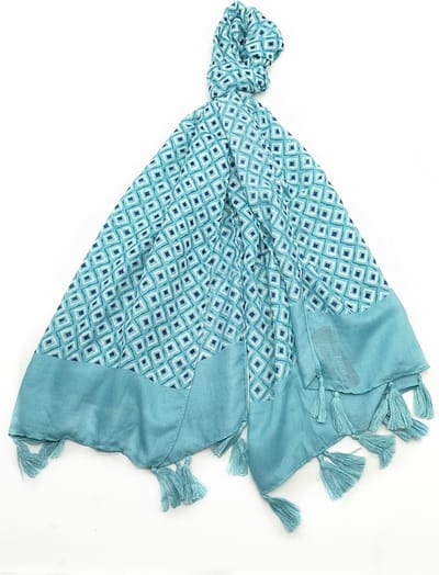 Lange dames sjaal Carmela fantasiemotief blauw wit lichtblauw donkerblauw