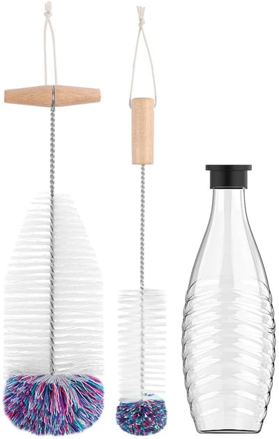 JHUBERS- Flessenborstel - Krasvrije Reinigingsborstel - Voor SodaStream Glazen Flessen - Ergonomische Houten Handgreep - Roestvrij Staal/Nylon - Geschikt voor Babyflessen - Flessenreiniger