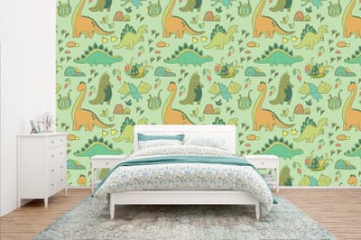 Behang - Fotobehang Patronen - Dino - Groen - Jongetje - Kind - Kinderen - Kids - Breedte 400 cm x hoogte 240 cm