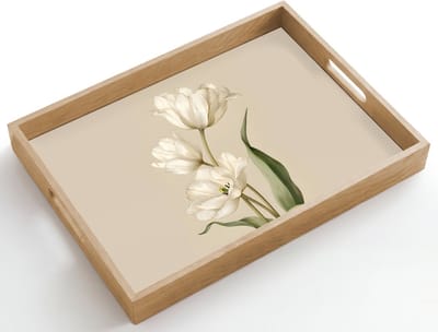 Dienblad hout 50x35 cm - Schootdienblad - Tulpen - Wit - Bladeren - Borrelplank rechthoek - Plateau dienbladen