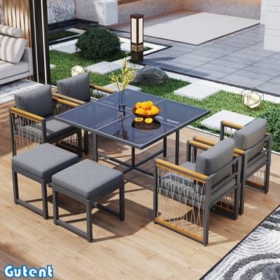 Gutent Eettafel en stoelen voor buiten - 6 zitplaatsen - 7-delige set - eettafel van gehard glas - armleuning van acaciahout - Zwart en Natuurlijk