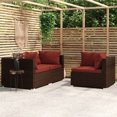 vidaXL - 3-delige - Loungeset - met - kussens - poly - rattan - bruin