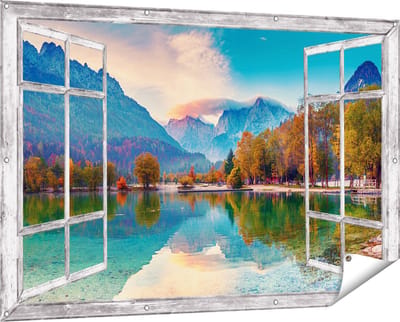 Gards Tuinposter Doorkijk Meer - 150x100 cm - Tuindoek - Tuindecoratie - Wanddecoratie buiten - Tuinschilderij