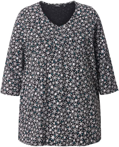Ulla Popken - Dames - Shirt sneeuwvlokken A-lijn V-hals 3/4-mouwen - Zwart - Maat 42+