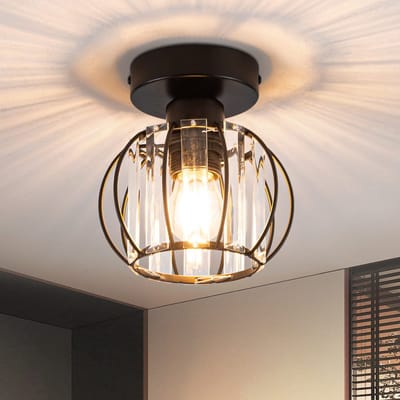 NETTLIFE Plafondlamp E27 - Zwart - Modern - Metaal en kristal - ovale Hal lamp - 15cm - voor woonkamer | gang | keuken | balkon - Zonder lamp