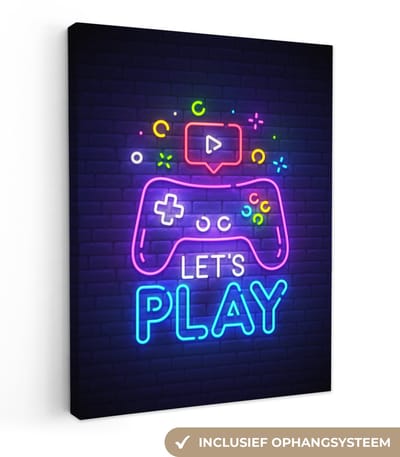 Canvas schilderij 30x40 cm - Wanddecoratie Gaming - Neon - Let's Play - Controller - Quotes - Muurdecoratie game room - Gaming kamer decoratie - Gameroom accessoires - Schilderijen
