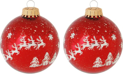 Krebs Kerstballen - 8x stuks - rood - rendieren opdruk - 7 cm - glans - gedecoreerd - Kerstversiering/kerstdecoratie