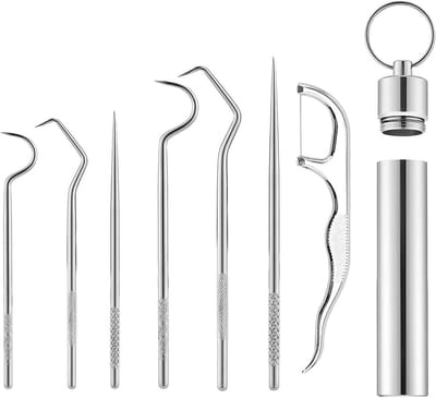 7 Pack Herbruikbare RVS Tandenstokers, Draagbare Tandenstokers voor Kamperen, Picknicken en Buitenshuis Gebruik