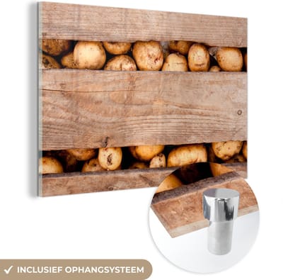 ® Glasschilderij 180x120 cm - Schilderij acrylglas - Kist - Aardappel - Groente - Oogst - Foto op glas - Muurdecoratie woonkamer - Wanddecoratie slaapkamer - Schilderijen
