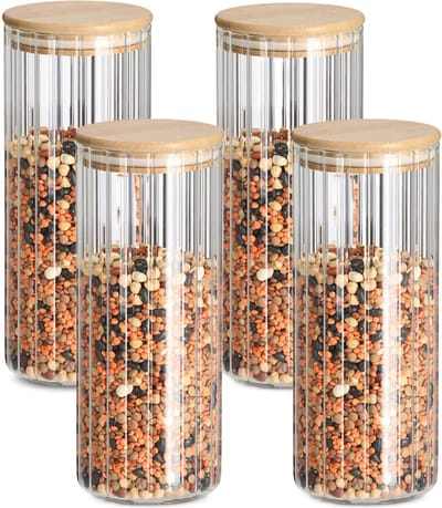 Zeller Voorraad/bewaar pot Grooves - 4x - hard glas - transparant - 1100 ml - bamboe deksel - luchtdicht