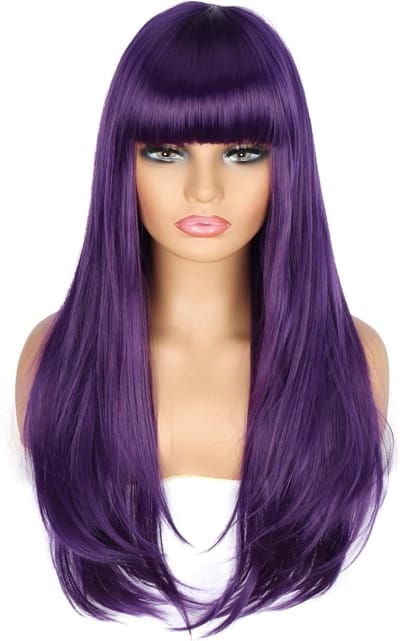 Lange Paarse Peruc k voor Vrouwen, Gelaagd Rechte Synthetische Haarwieg met Pony voor Cosplay, Feest en Halloween Kostuum Anime