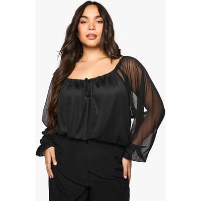 boohoo Dames Plus Bodysuit met strikdetail aan de voorkant en sleutelgathals, van mesh | Black | Maat: 16