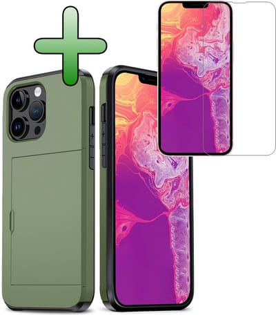 Hoes Geschikt voor iPhone 14 Pro Hoesje Hard Case Met Pas Houder Met Screenprotector - Hoesje Geschikt voor iPhone 14 Pro Hoes Shockproof Hard Cover Met Kaarthouder - Donkergroen