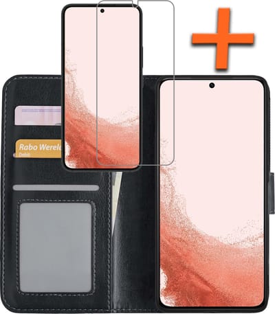 Hoes - Met Screenprotector - Geschikt voor Samsung Galaxy S22 - Luxe Pasjeshouder - Bookcase Portemonee - Flip Case - Kunstleer Book Case - Flipcase - Book Cover - Walletcase - PortemonneeHoes - Zwart