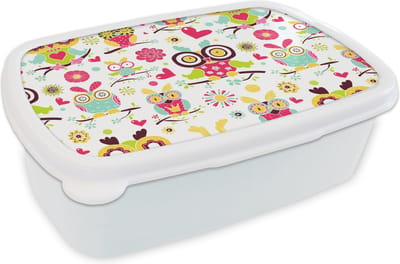 Broodtrommel Wit - Lunchbox - Brooddoos - Patronen - Uil - Dieren - 18x12x6 cm - Volwassenen