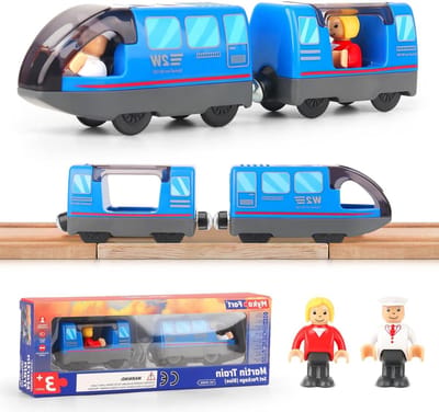 Krachtige elektrische houten trein voor kinderen, batterijgevoed, compatibel met andere treinsets, blauw