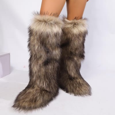 Dames Knielange Fuzzy Faux Fur Laarzen - Zacht, Warm en Comfortabel Instapmodel met Platte Hak Dames Pluche Warme Plateauschoenen 38 black