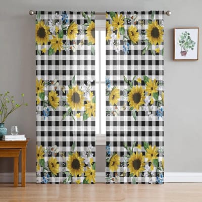 Zomer Zonnebloem Bloemen Plaid Transparante Gordijnen voor Woonkamer Slaapkamer Decoratie Chiffon Tule Voile Keuken Raamgordijn 135W x 114H(cm) white