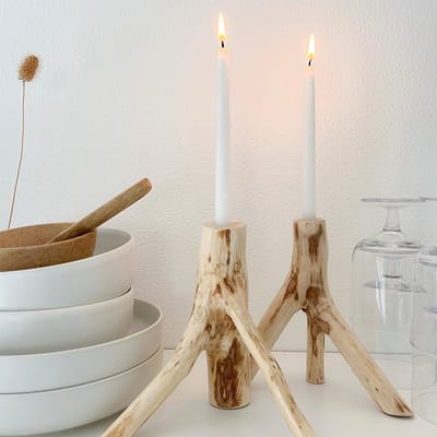 Homedeco – Decoratief Object – Kaarsenhouders – Hout – Handgemaakt – Set van 3 – Naturel