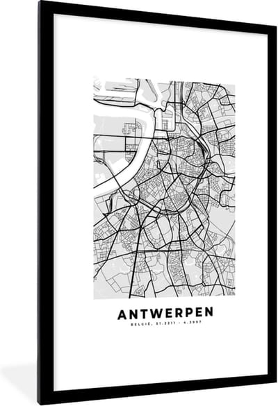 Fotolijst incl. Poster Zwart Wit- Zwart Wit – België – Plattegrond – Stadskaart – Kaart – Antwerpen - 80x120 cm - Posterlijst