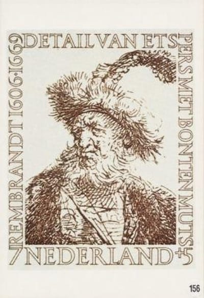 Briefkaart met afbeelding Pers met bonte muts - Ets van rembrandt postzegel