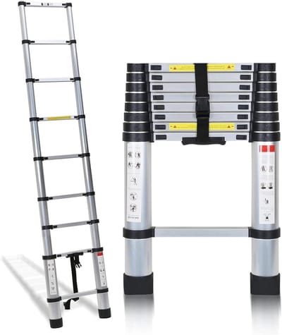 Telescopische ladder met afneembare haak, uittrekbare ladder, aluminium, uittrekbare ladder, multifunctionele ladder, telescopische vouwladder, belastbaar tot 150 kg, 2,6 m