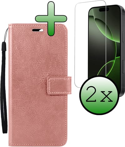 Hoesje Met 2x Screenprotector - Geschikt voor Apple iPhone 16 Pro - Luxe Pasjeshouder - Bookcase Portemonee - Flip Case - Kunstleer Book Case - Flipcase Hoes - Book Cover - Walletcase - Portemonneehoes - Rosé goud