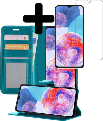Hoesje - Met Screenprotector - Geschikt voor Samsung Galaxy A23 - Luxe Pasjeshouder - Bookcase Portemonee - Flip Case - Kunstleer Book Case - Flipcase - Book Cover - Walletcase - Portemonneehoes - Telefoonhoesjes - Turquoise