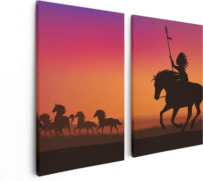 Artaza Canvas Schilderij Tweeluik Silhouet van een Indiaan op een Paard - 80x60 - Foto Op Canvas - Canvas Print