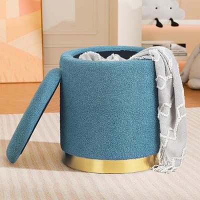 Opbergpoef Rond - Gestoffeerde kruk - Woonkamer Decoratie - Afneembaar Deksel - 45 cm Hoog - Blauw