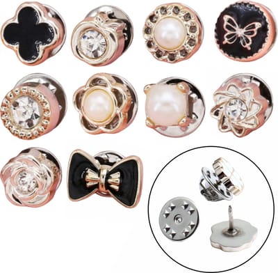 Fako Bijoux - Pin Broche Mini - Steek Pin Knopen Set - 10 Mini Broches - 8-12mm - Silver, Gold, Black, White, Shiny & Pearl - 10 Stuks - Zilver, Goud, Zwart & Wit - Serie 7
