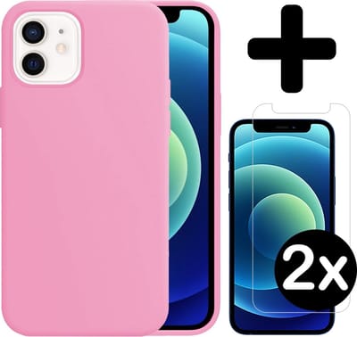 Hoesje - Met 2x Screenprotector - Geschikt voor Apple iPhone 12 - Sterk & Shockproof - Telefoon Hoes - Back Cover - Siliconen Case - Telefoonhoes - Lichtroze