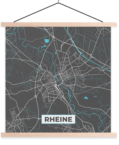 Posterhanger incl. Poster 120x120 cm - Schoolplaat - Duitsland – Blauw – Rheine – Stadskaart – Kaart – Plattegrond - Textielposter - Blanke latten - Stadskaart