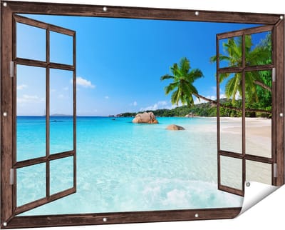 Gards Tuinposter Doorkijk Tropisch Strand en Zee - 150x100 cm - Tuindoek - Tuindecoratie - Wanddecoratie buiten - Tuinschilderij