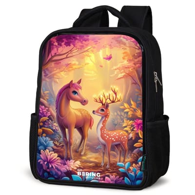 NoBoringSuitcases.com® - Rugzak zwart - Schooltas jongen & meisje - Paard en hert in een roze sprookjesbos - Rugtas voor school - Boekentas kind - Schoolrugzak - Kinderrugzak