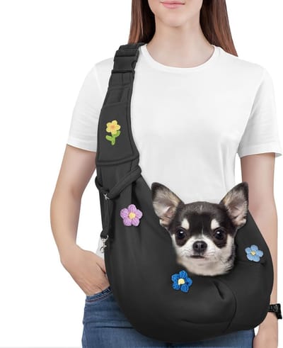 Hondendraagzak voor kleine honden en katten, handvrije omkeerbare draagdoek met verstelbare riem en veiligheidsriem, zachte tas tot 5,4 kg, bloemenprint en comfortabel voor onderweg
