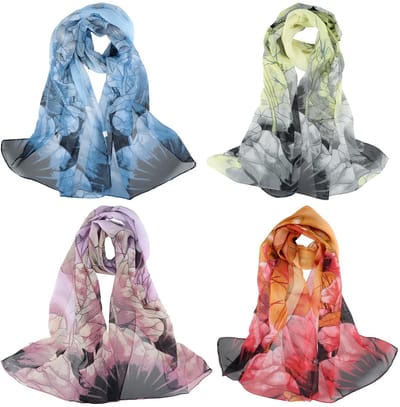 Dailygoods - 4-Pack Chiffon Sjaals, Modieuze Transparante Sjaals, Lichtgewicht Sjaal Met Bloemenprint, Wikkelsjaals Voor Dames, Meisjes En Dames