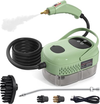 Stoomreiniger van 2500 W, hogedruk- en hogetemperatuurstoomreiniger, 1000 ml, 3 bar, inclusief 3 borstelkoppen (groen)