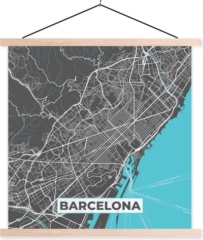 Posterhanger incl. Poster 40x40 cm - Schoolplaat - Barcelona - Blauw - Kaart - Plattegrond - Stadskaart - Textielposter - Blanke latten - Stadskaart